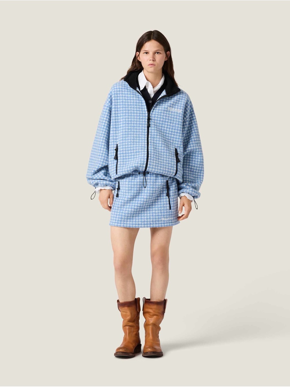 NWOT Miu Miu Blue Gingham Fleece Jacket, Size S